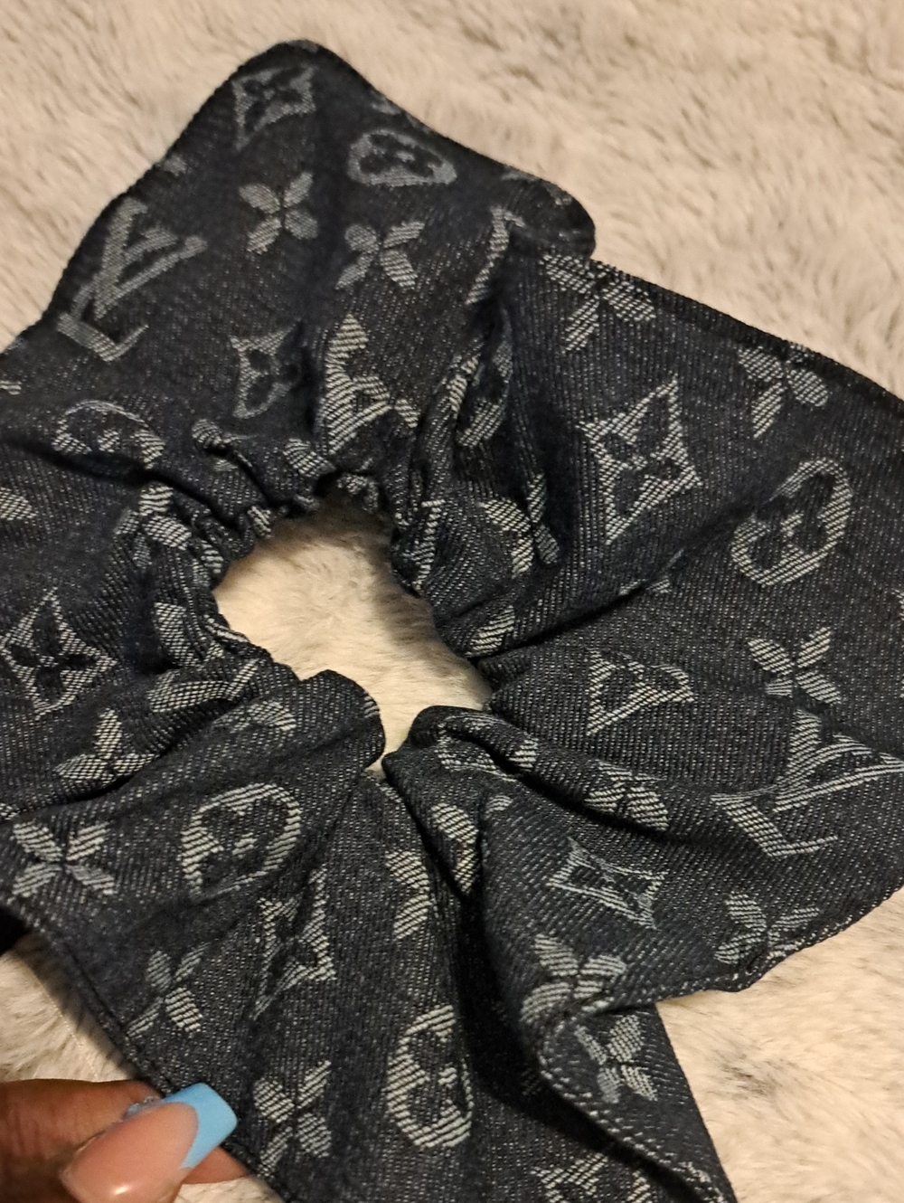 Designer-Inspired Blue Denim Monogram Scrunchie